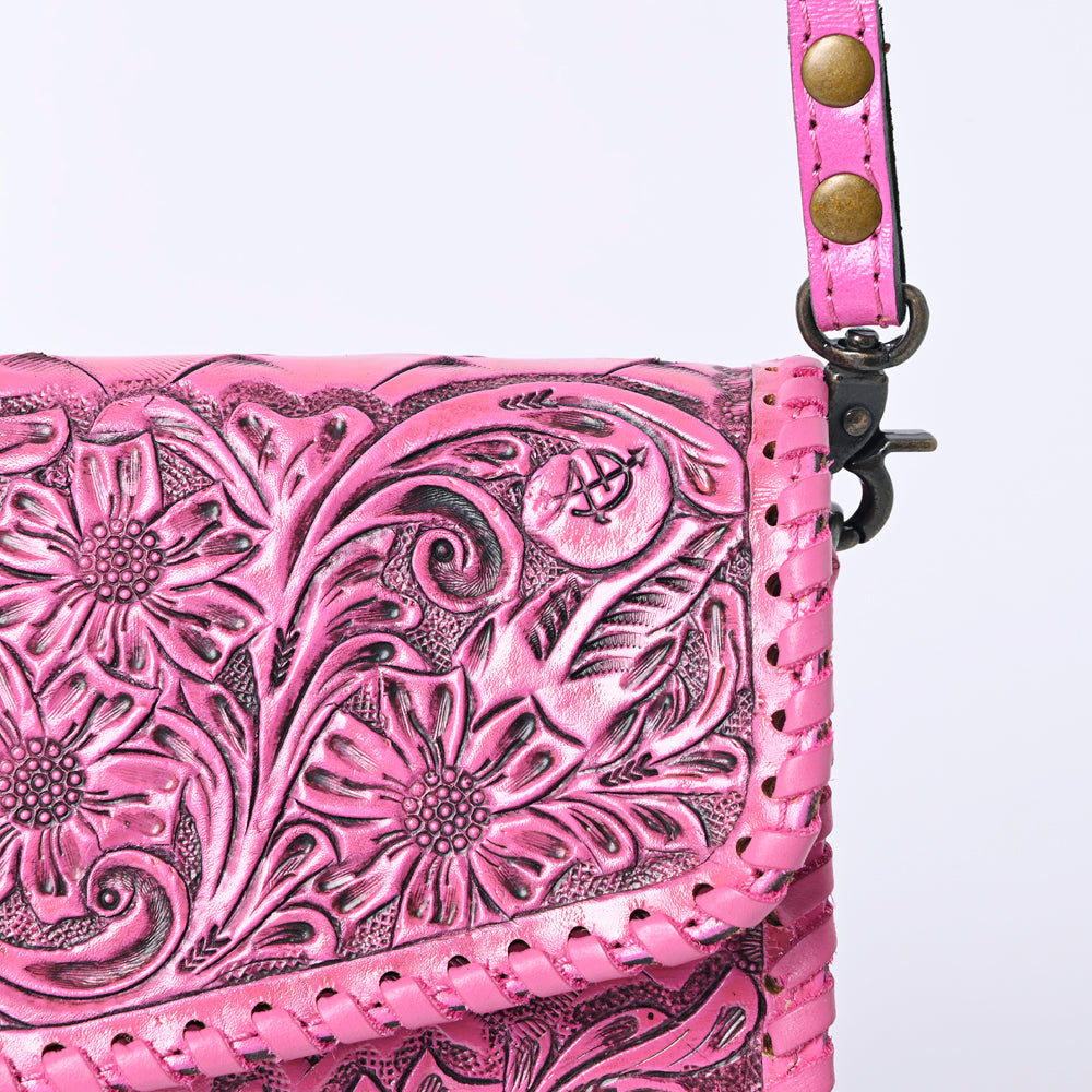 American Darling Pink Hand Tooled Floral Leather Crossbody Wallet Bag