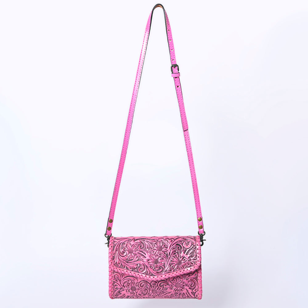 American Darling Pink Hand Tooled Floral Leather Crossbody Wallet Bag