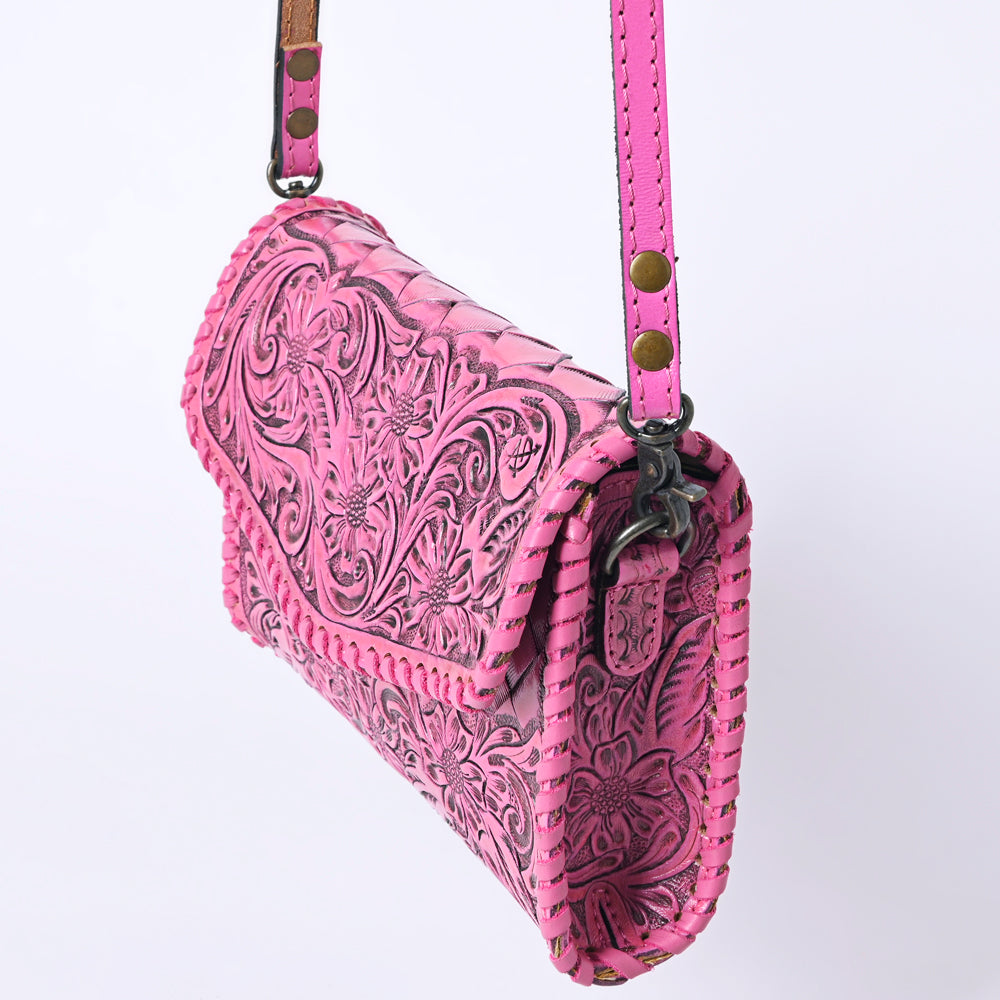 American Darling Pink Hand Tooled Floral Leather Crossbody Wallet Bag