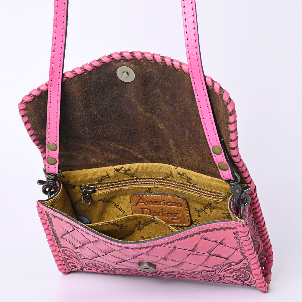 American Darling Pink Hand Tooled Floral Leather Crossbody Wallet Bag