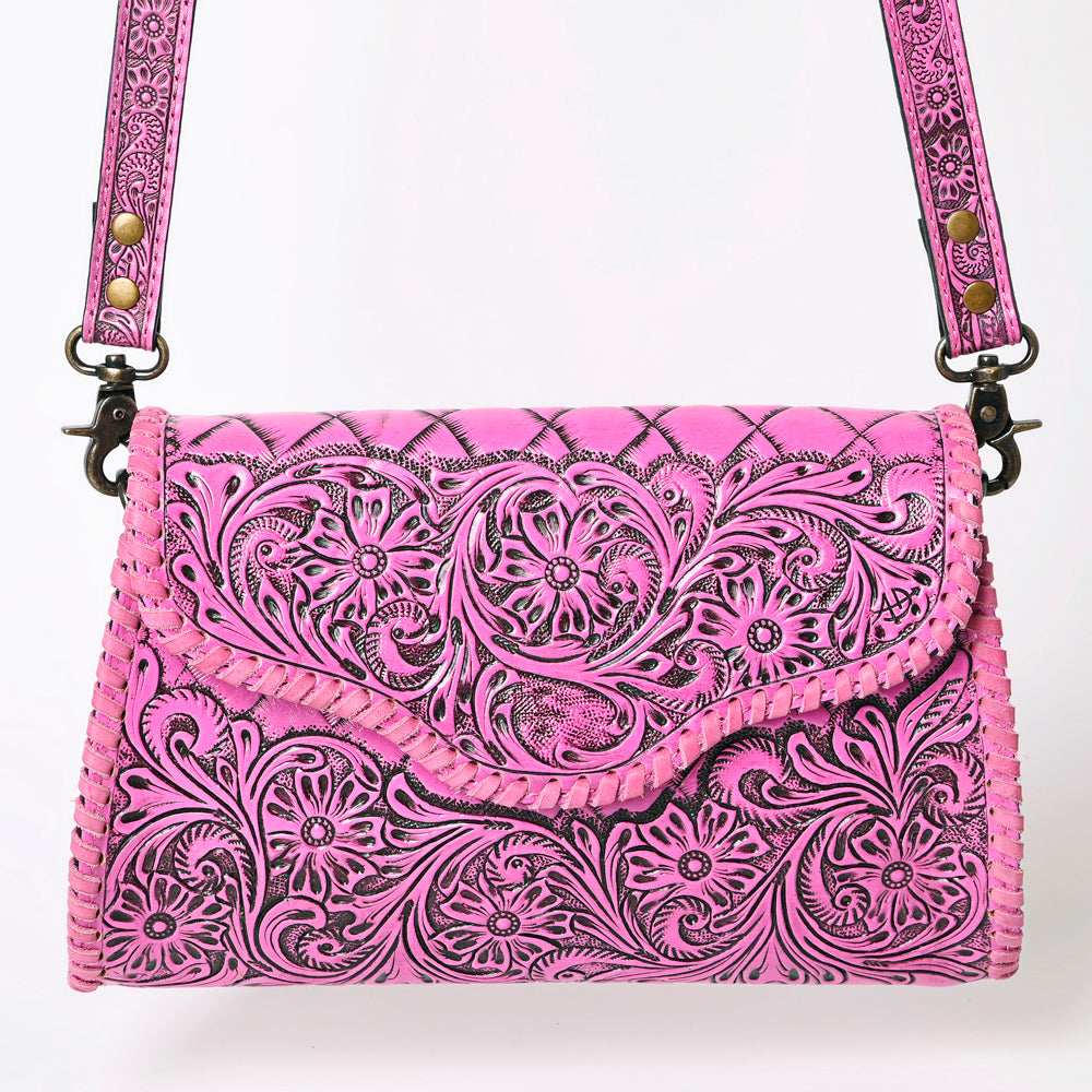 ADBG1137 Pink Hand-Tooled Leather Crossbody Bag - Genuine Western Cowgirl Purse