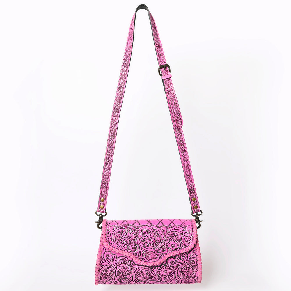 ADBG1137 Pink Hand-Tooled Leather Crossbody Bag - Genuine Western Cowgirl Purse