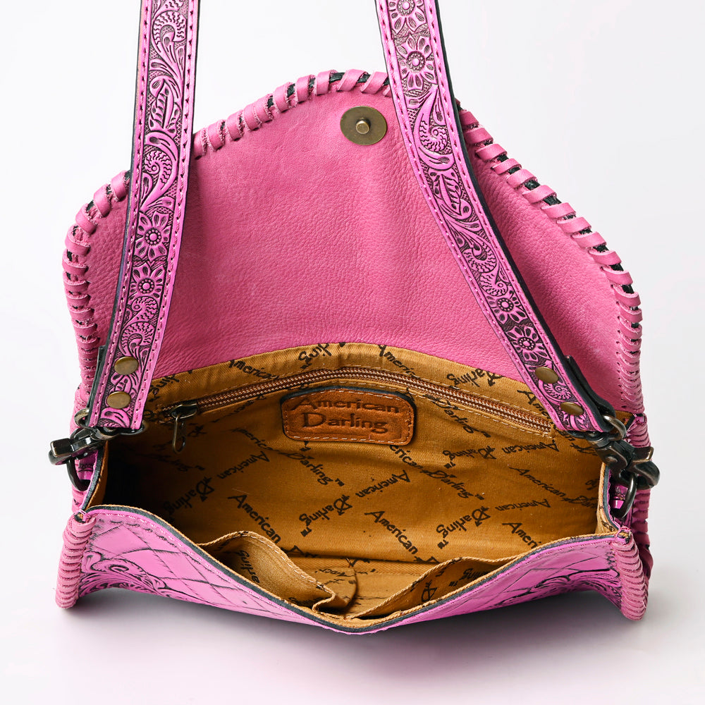 ADBG1137 Pink Hand-Tooled Leather Crossbody Bag - Genuine Western Cowgirl Purse
