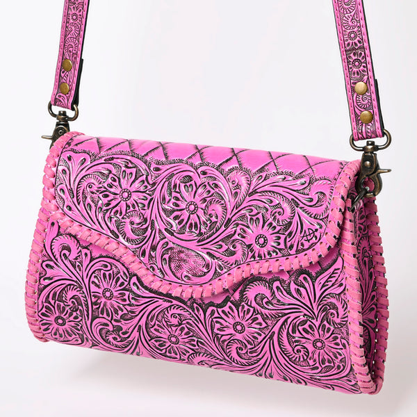 ADBG1137 Pink Hand-Tooled Leather Crossbody Bag - Genuine Western Cowgirl Purse