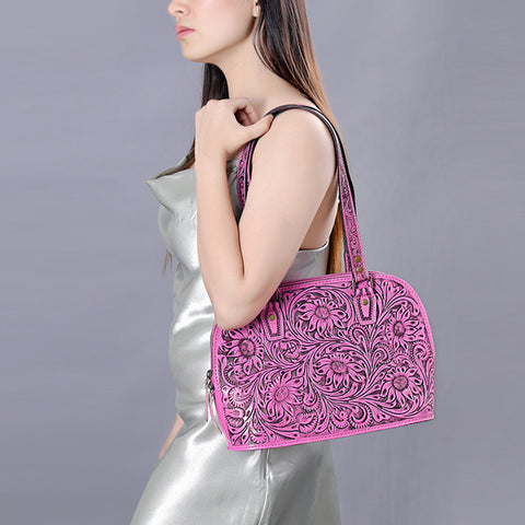 American Darling Pink Hand Tooled Floral Leather Tote Bag Western Purse
