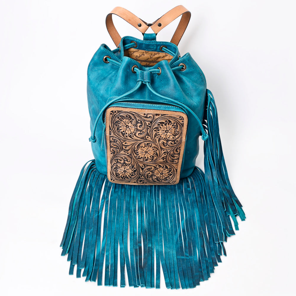 LC-ADBGZ741 Teal Hand Tooled Leather Fringe Backpack - Western Cowgirl Drawstring Bag