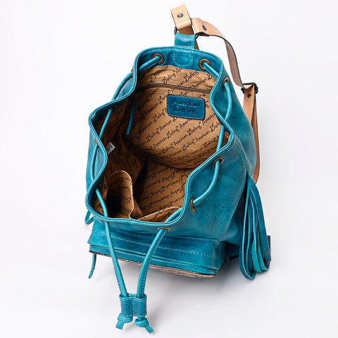 LC-ADBGZ741 Teal Hand Tooled Leather Fringe Backpack - Western Cowgirl Drawstring Bag