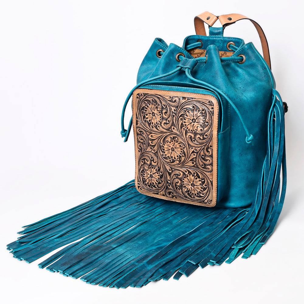 LC-ADBGZ741 Teal Hand Tooled Leather Fringe Backpack - Western Cowgirl Drawstring Bag