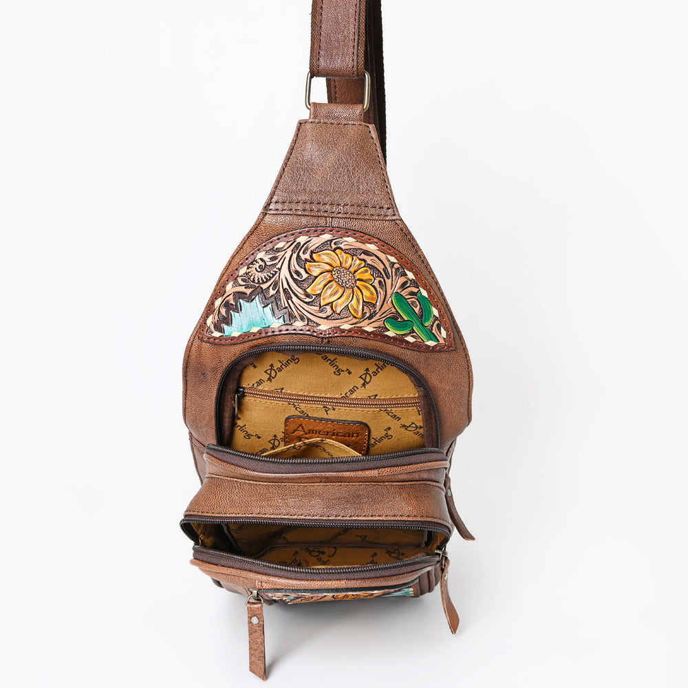 American Darling Tooled Leather Sling Bag | Floral Carved Western Backpack
