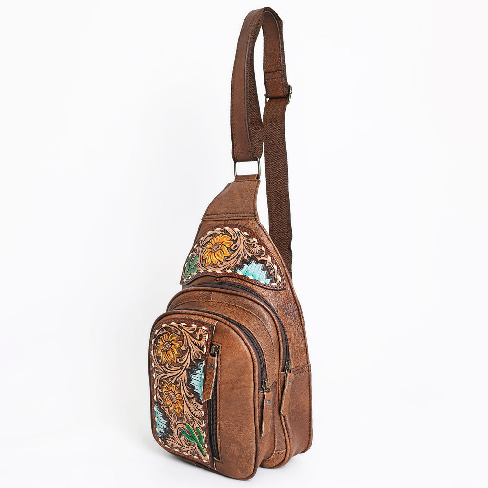 American Darling Tooled Leather Sling Bag | Floral Carved Western Backpack