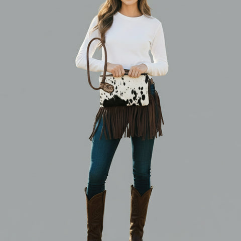 American Darling Cowhide Fringe Wristlet Bag -Western Leather Clutch