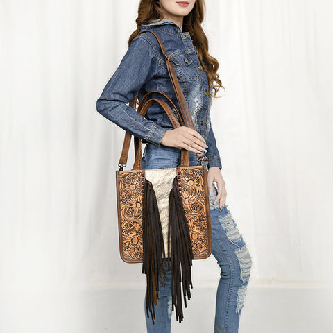 ADBG1171 American Darling Cowhide Tote Bag -Tooled Leather Fringe Handbag