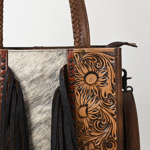 American Darling Cowhide Tote Bag -Tooled Leather Fringe Handbag