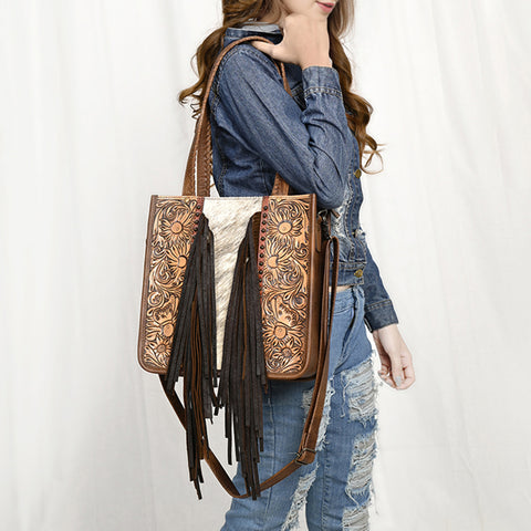 American Darling Cowhide Tote Bag -Tooled Leather Fringe Handbag