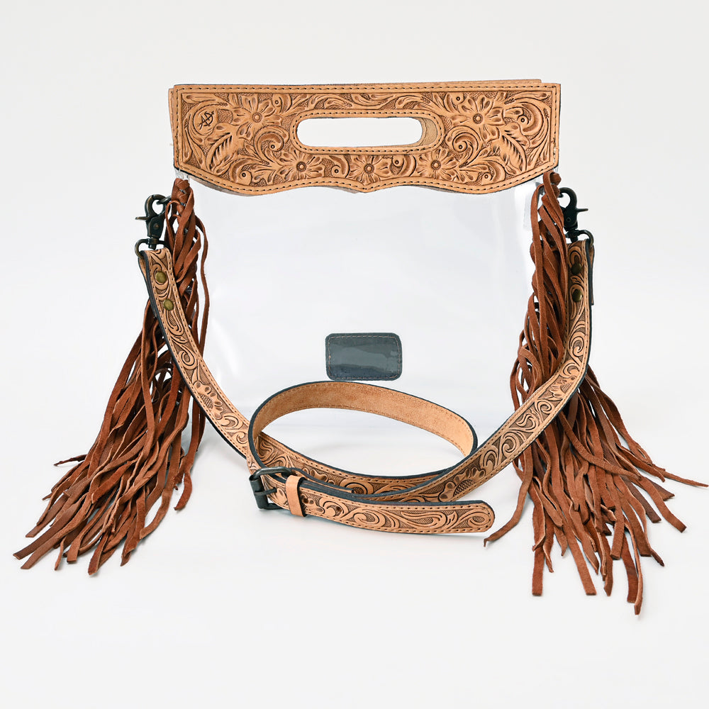 ADBG1172 Clear Western Tooled Leather Crossbody Bag with Fringe - Transparent Body & Floral Handtooling