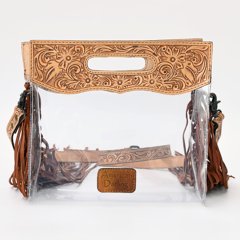 ADBG1172 Clear Western Tooled Leather Crossbody Bag with Fringe - Transparent Body & Floral Handtooling