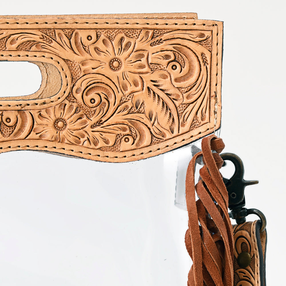 ADBG1172 Clear Western Tooled Leather Crossbody Bag with Fringe - Transparent Body & Floral Handtooling