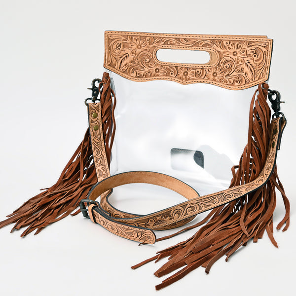 ADBG1172 Clear Western Tooled Leather Crossbody Bag with Fringe - Transparent Body & Floral Handtooling