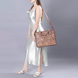 ADBG1173 Floral Hand-Tooled Leather Tote Bag - Braided Handles & Adjustable Strap
