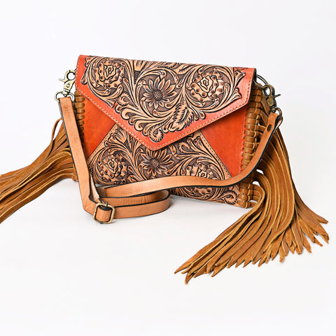 American Darling Hand Tooled Leather Envelope Bag with Western Fringe