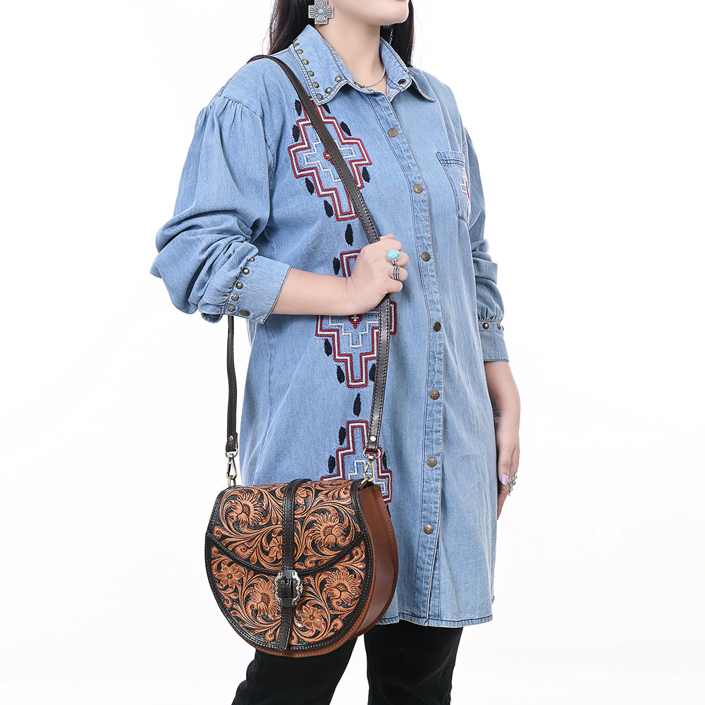 ADBGA352 Tooled Leather Western Saddle Bag with Buckle Closure Floral Round Crossbody