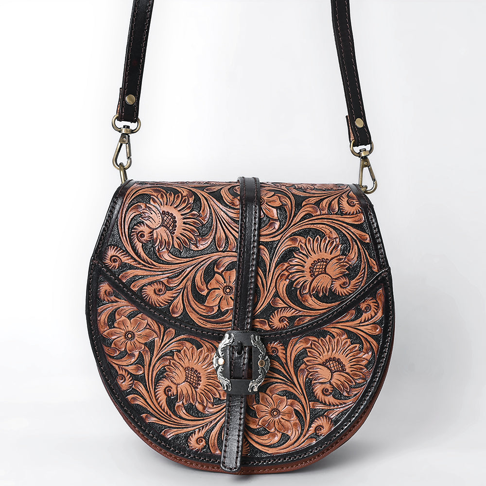 ADBGA352 Tooled Leather Western Saddle Bag with Buckle Closure Floral Round Crossbody