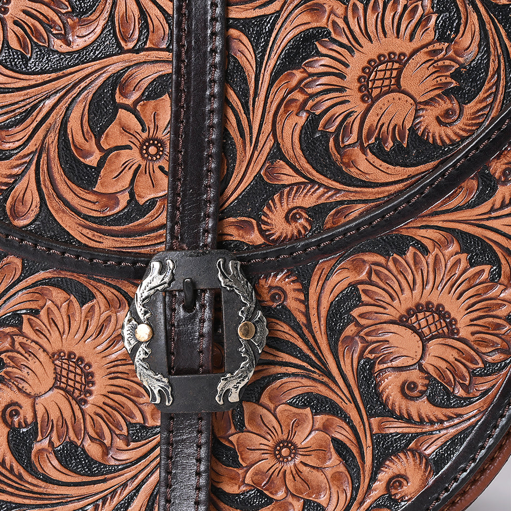 ADBGA352 Tooled Leather Western Saddle Bag with Buckle Closure Floral Round Crossbody