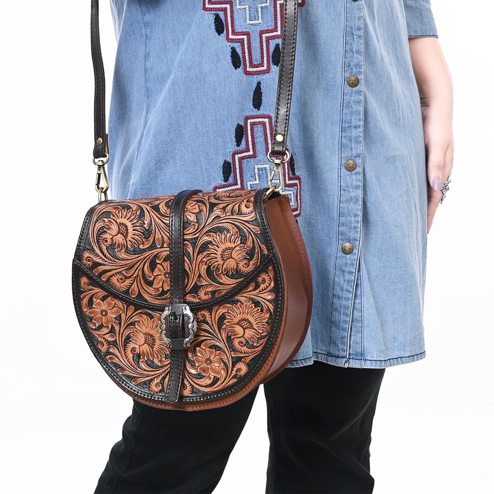 ADBGA352 Tooled Leather Western Saddle Bag with Buckle Closure Floral Round Crossbody