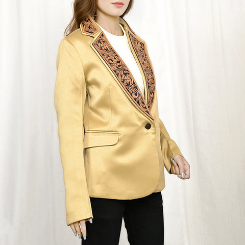 Artisanal Hand-Tooled Floral Leather & Yellow Fabric Western Blazer
