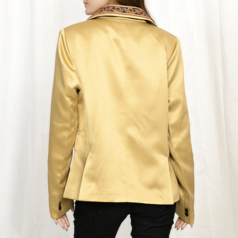 Artisanal Hand-Tooled Floral Leather & Yellow Fabric Western Blazer