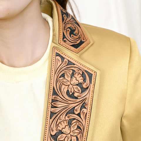 Artisanal Hand-Tooled Floral Leather & Yellow Fabric Western Blazer