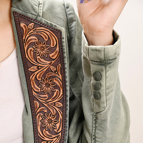 Women's Denim Western Blazer with Hand-Tooled Harness Leather Trim