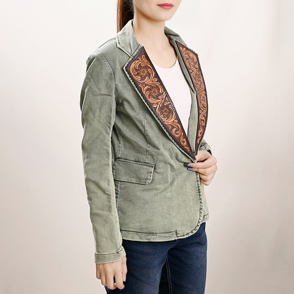LC-ADBZ023 Olive Washed Denim Western Blazer with Hand-Tooled Leather Lapels - Casual Cowgirl Jacket
