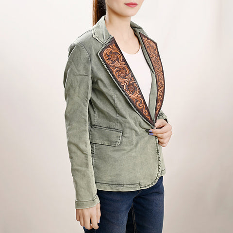 Women's Denim Western Blazer with Hand-Tooled Harness Leather Trim