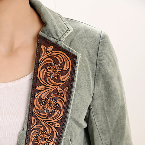 Women's Denim Western Blazer with Hand-Tooled Harness Leather Trim