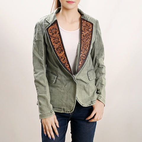 Women's Denim Western Blazer with Hand-Tooled Harness Leather Trim