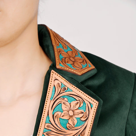 Chic Fabric Blazer with Hand-Tooled Floral Leather Lapels & Collar