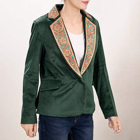 Chic Fabric Blazer with Hand-Tooled Floral Leather Lapels & Collar