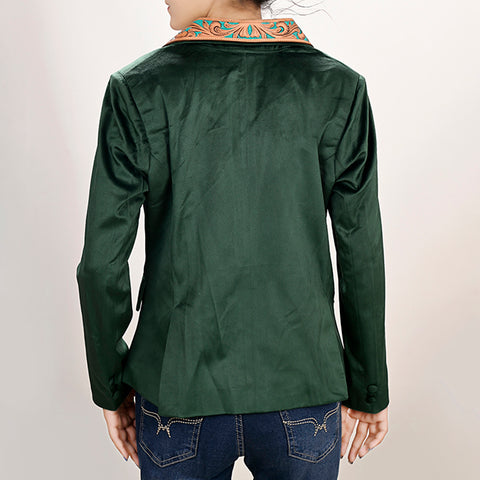 Chic Fabric Blazer with Hand-Tooled Floral Leather Lapels & Collar