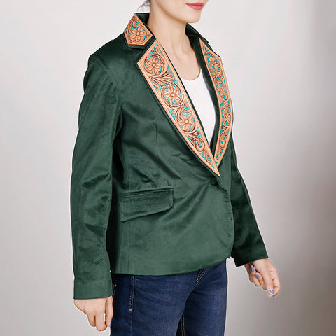 Chic Fabric Blazer with Hand-Tooled Floral Leather Lapels & Collar