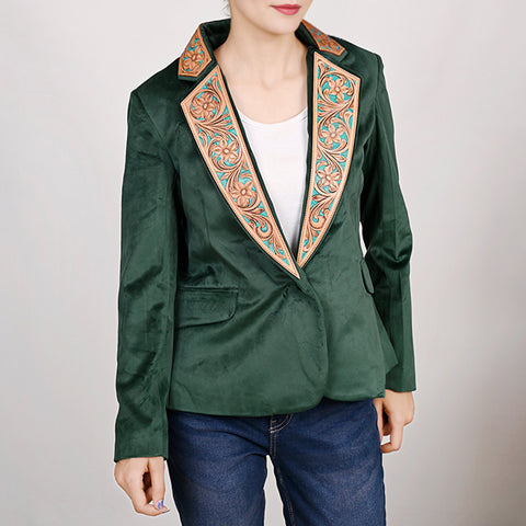 Chic Fabric Blazer with Hand-Tooled Floral Leather Lapels & Collar