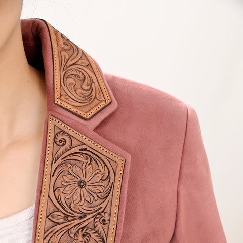Women's Pink Western Blazer with Hand-Tooled Harness Leather Trim