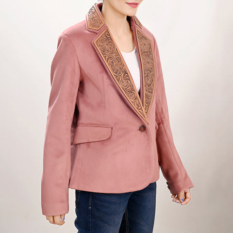 Women's Pink Western Blazer with Hand-Tooled Harness Leather Trim