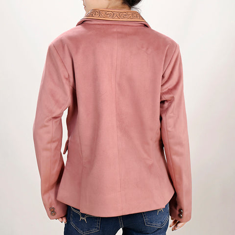 Women's Pink Western Blazer with Hand-Tooled Harness Leather Trim