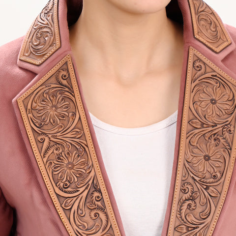 Women's Pink Western Blazer with Hand-Tooled Harness Leather Trim