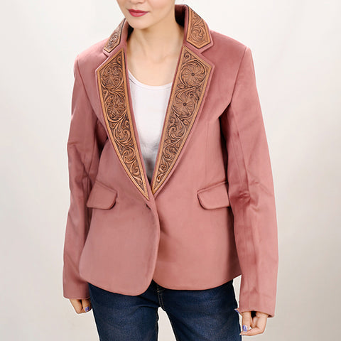 Women's Pink Western Blazer with Hand-Tooled Harness Leather Trim