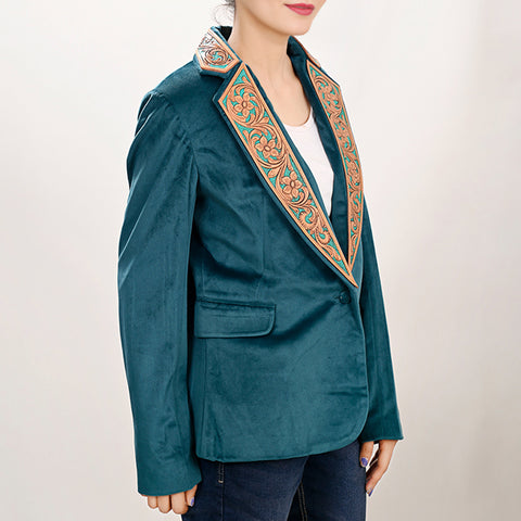Luxury Teal Fabric Western Blazer with Floral Harness Leather Trim