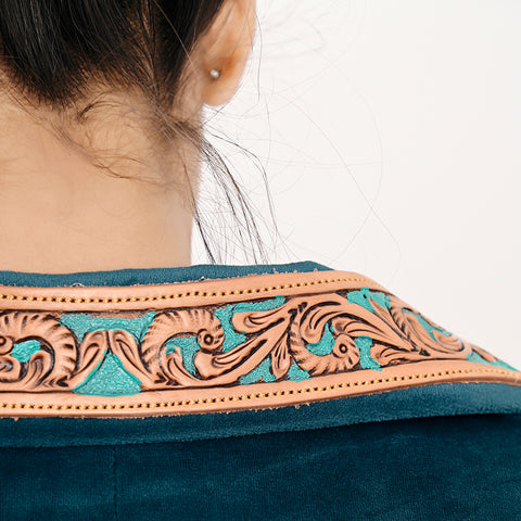Luxury Teal Fabric Western Blazer with Floral Harness Leather Trim