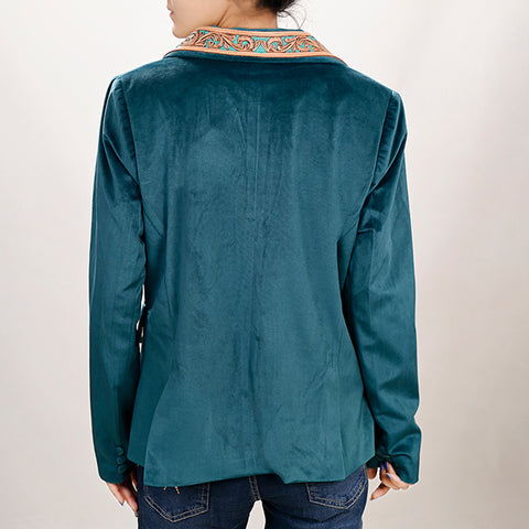Luxury Teal Fabric Western Blazer with Floral Harness Leather Trim