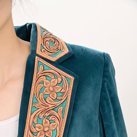Luxury Teal Fabric Western Blazer with Floral Harness Leather Trim